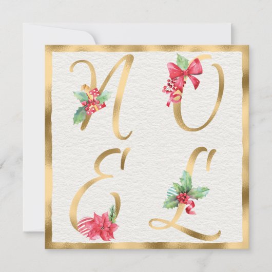 NOEL Red & Gold Holly Berries Poinsettia Kerstmis Feestdagenkaart (Voorkant)