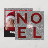 Noel Red Tartan Plaid Zilver Glitter Vakantie Foto Feestdagenkaart (Voorkant / Achterkant)