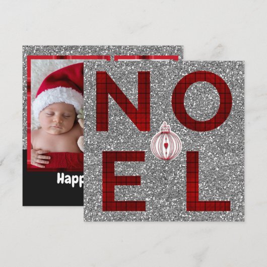 Noel Red Tartan Plaid Zilver Glitter Vakantie Foto Feestdagenkaart (Voorkant / Achterkant)