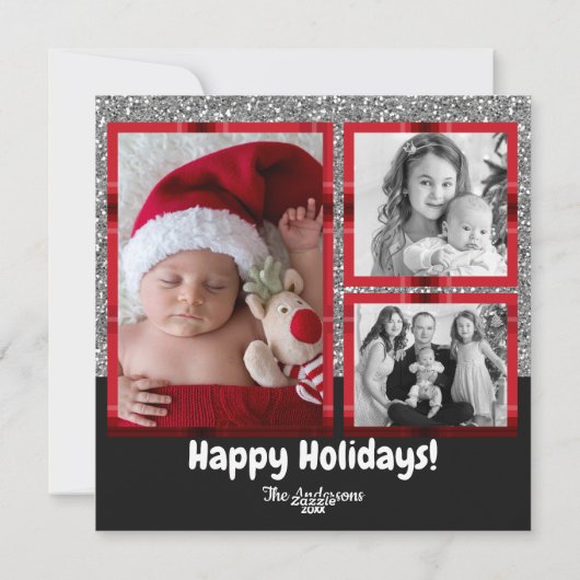 Noel Red Tartan Plaid Zilver Glitter Vakantie Foto Feestdagenkaart (Achterkant)
