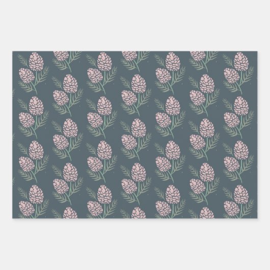 NOEL Roze Pine Kegelpatroon Marine Blauw & Wit Inpakpapier Vel (Voorkant)