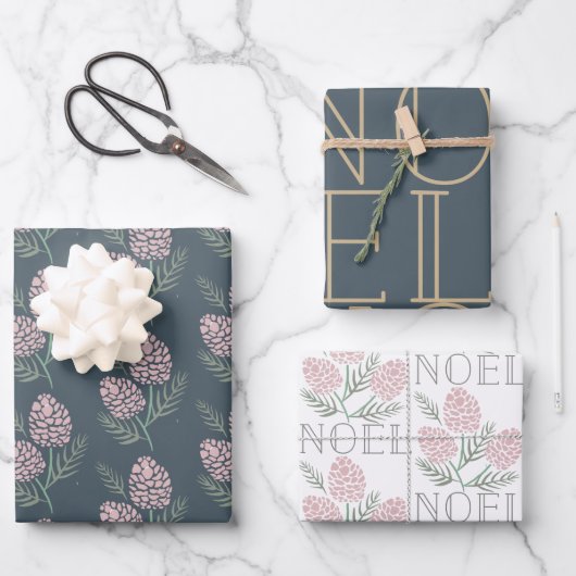 NOEL Roze Pine Kegelpatroon Marine Blauw & Wit Inpakpapier Vel (Voorkant)