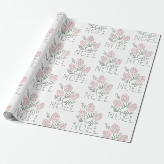 NOEL Roze Pine Kegelpatroon Wit Cadeaupapier (Uitgerold)