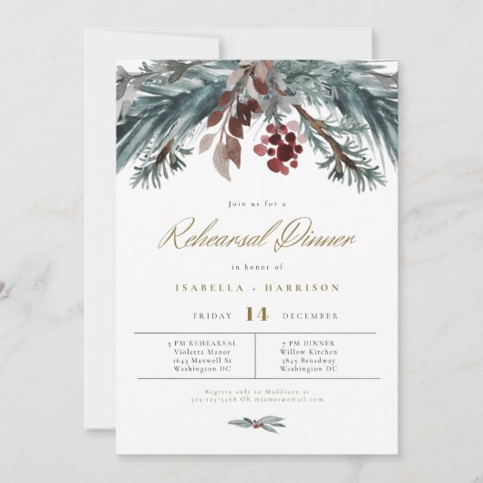 NOEL Rustic Pine Winter Wedding Rehearsal Dinner Kaart (Voorkant)