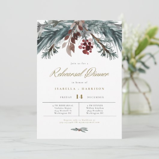 NOEL Rustic Pine Winter Wedding Rehearsal Dinner Kaart (Staand voorkant)