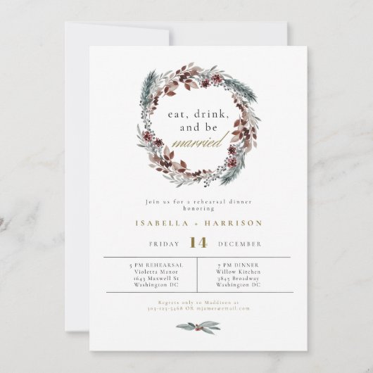 NOEL Rustic Winter Pine Wedding Rehearsal Dinner Kaart (Voorkant)