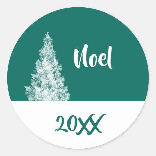 Noel Snowy kerstboom Blauwgroen en White Minimal Ronde Sticker (Voorkant)