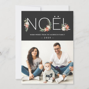 NOEL Typografie Poinsettia Floral kerstfoto Feestdagenkaart