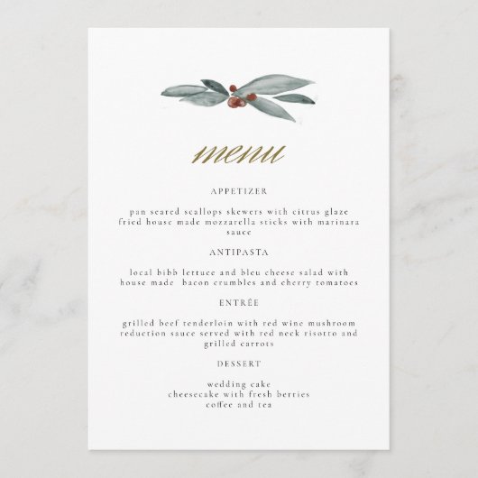 NOEL Winter Berry Kerstfeestdag bruiloft Menu (Voorkant)