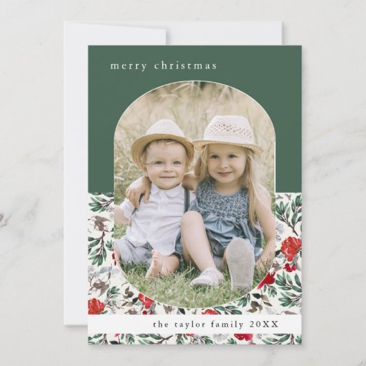 NOELLE Groene Rode Bloemen Familie Foto Kerstmis Feestdagenkaart (Voorkant)