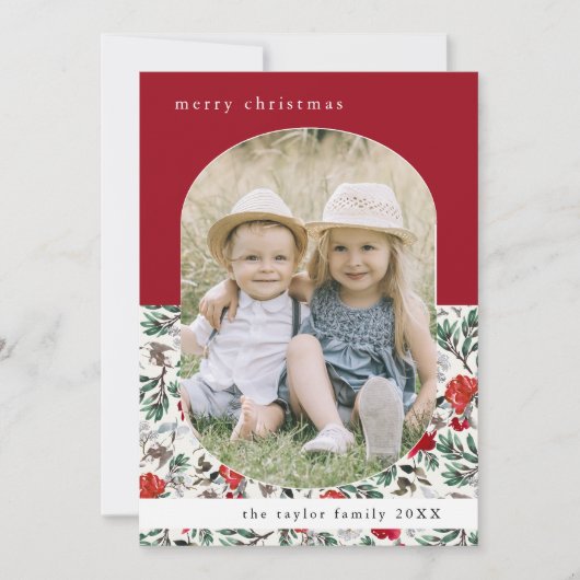 NOELLE Rode Bloemen Patroon Familie Foto Kerstmis Feestdagenkaart (Voorkant)