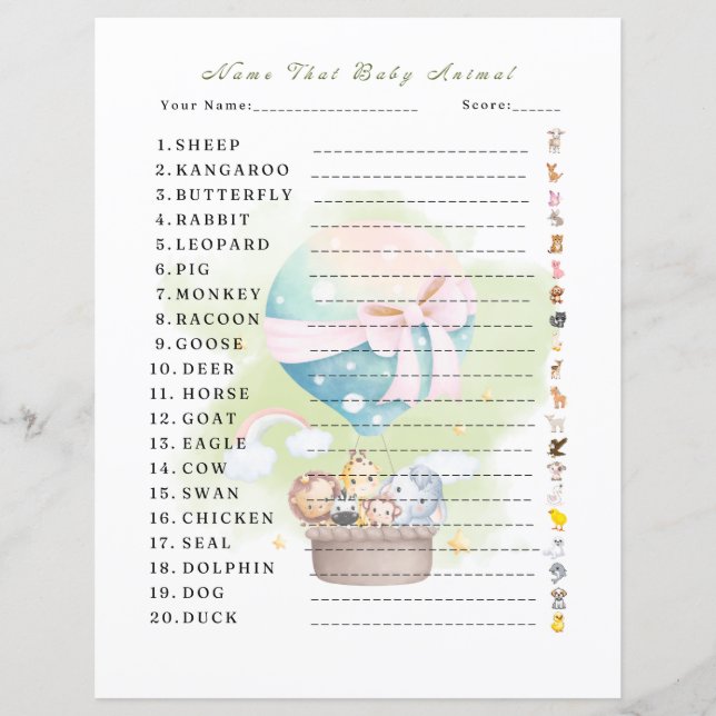 "Noem dat Baby Animal Game" Sage Green Animal Safe (Voorkant)