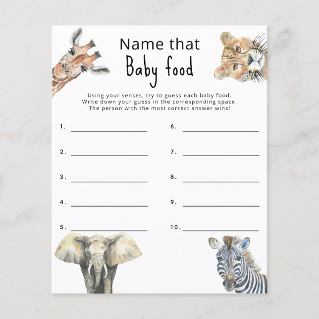 Noem dat baby food - safari baby shower spel (Voorkant)