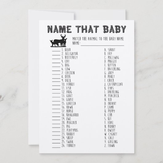 Noem dat Baby shower spel, baby dieren matching Kaart (Voorkant)