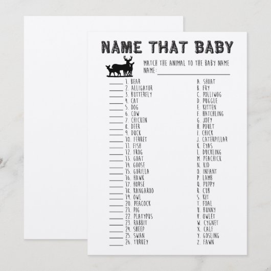 Noem dat Baby shower spel, baby dieren matching Kaart (Voorkant / Achterkant)