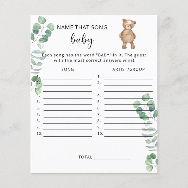 Noem dat lied Beer baby shower game (Voorkant)