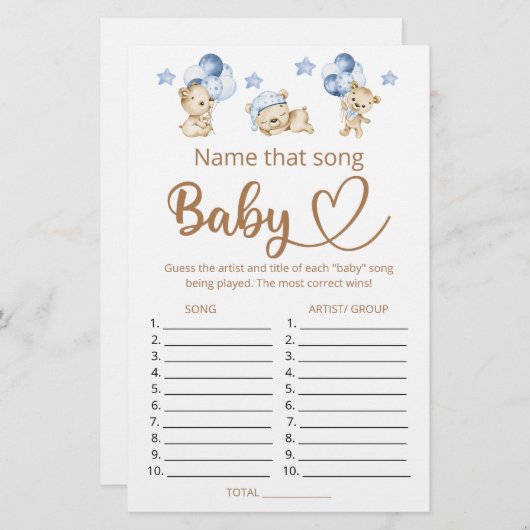 Noem dat liedje jongen baby shower spel (Voorkant / Achterkant)