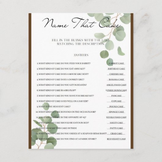 Noem dat taart bruids partij spel informatiekaartje (Achterkant)