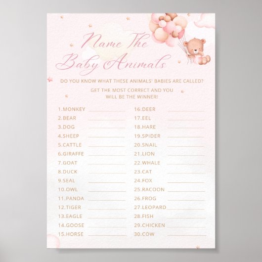 Noem de baby dieren boho teddybeer baby shower poster (Voorkant)