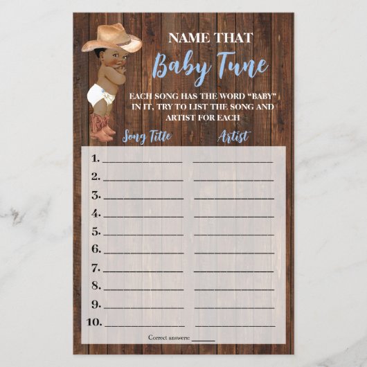 Noem de Baby Tune AA Cowboy Shower Spelkaart Flyer (Voorkant)