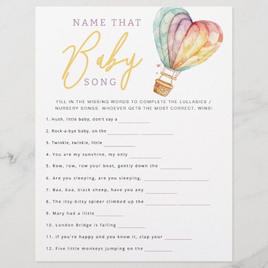 Noem die Baby Song Shower Game Sheet Flyer (Voorkant)