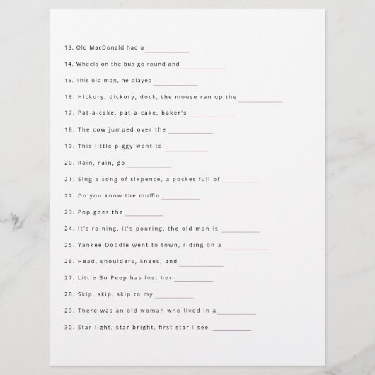 Noem die Baby Song Shower Game Sheet Flyer (Achterkant)