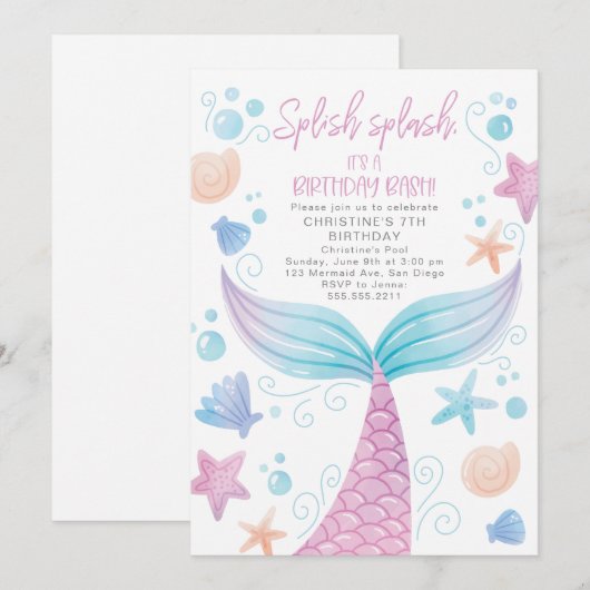 Noemverklaring van de partij Mermaid Birthday Pool Kaart (Voorkant / Achterkant)