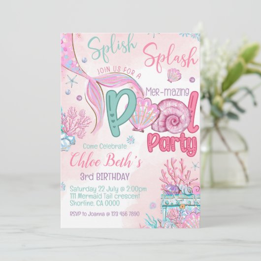 Noemverklaring van de partij Mermaid Birthday Pool Kaart (Staand voorkant)