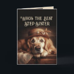 Nog een jaar om Fabulous Fun Dog Step-Sister te zi Kaart<br><div class="desc">Wie is de beste? Je bent en nu heb je nog een jaar om Fabulous Happy Birthday Step-Sister te zijn met lieve schattige Golden Retriever Dog in zijn mooiste jurk</div>