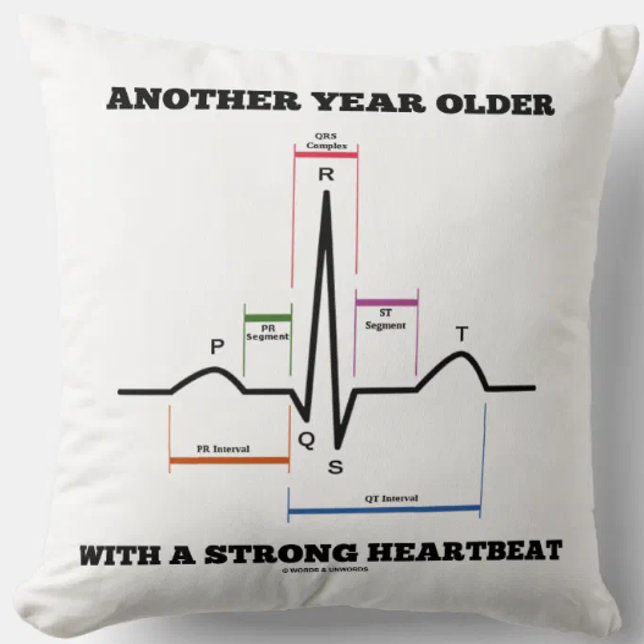 Nog een jaar oud met een sterke hartslag ECG/EKG Kussen (Throw pillow featuring normal sinus rhythm on electrocardiogram for anyone's birthday!)