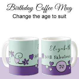 Nog steeds geweldig bij 70 naam paarse groen koffiemok