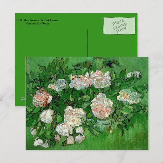 Nog steeds in leven - Vase met roze Roses Vincent  Briefkaart (Voorkant / Achterkant)