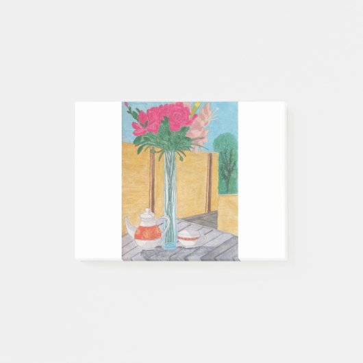 Nog steeds leven. De vaas met bloemen, een theepot Post-it® Notes (Voorkant)