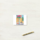 Nog steeds leven. De vaas met bloemen, een theepot Post-it® Notes (Op bureau)