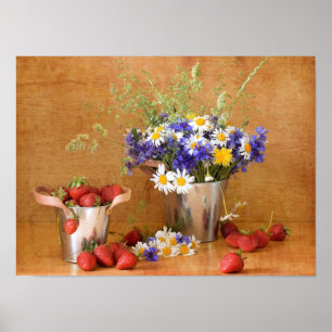 Nog steeds leven met aardbeien en wilde bloemen poster