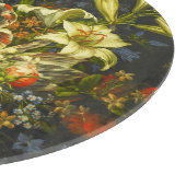 Nog steeds leven met bloemen en fruit snijplank (Hoek)