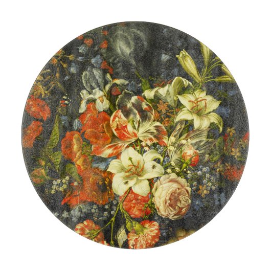 Nog steeds leven met bloemen en fruit snijplank (Voorkant)