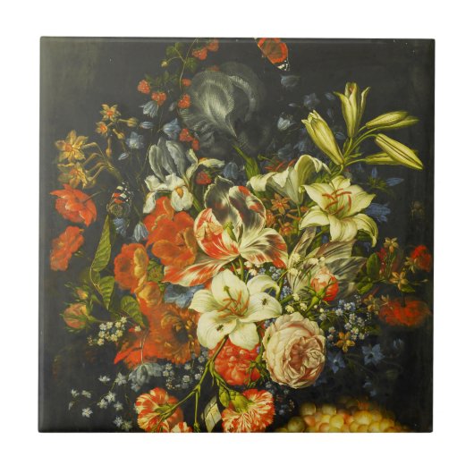 Nog steeds leven met bloemen en fruit tegeltje (Voorkant)