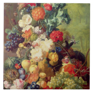 Nog steeds leven met bloemen en fruit tegeltje