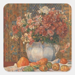 Nog steeds leven met bloemen en wrijfperen, renoir vierkante sticker