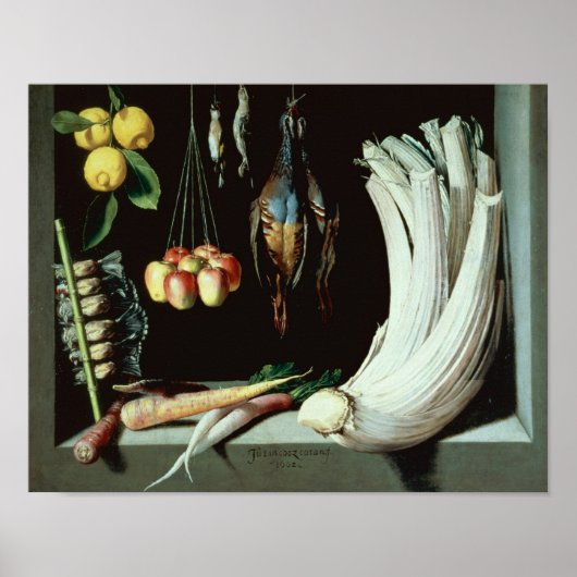 Nog steeds leven met dode vogels, vruchten en poster (Voorkant)
