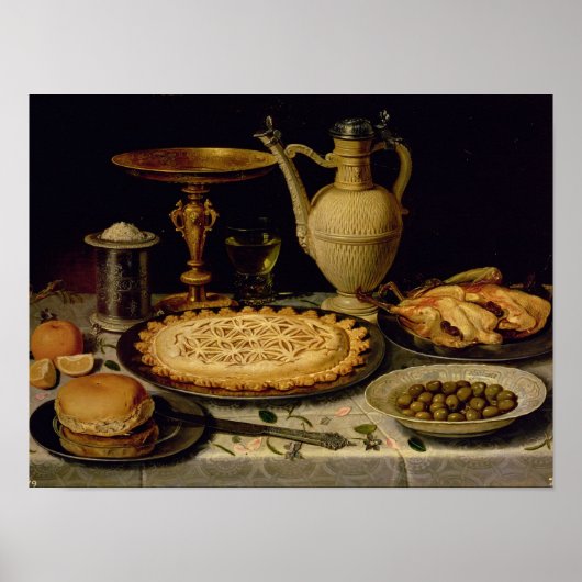 Nog steeds leven met een tart, kip, brood en olijv poster (Voorkant)