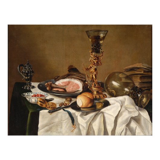 Nog steeds leven met ham, boeken en sierschepen foto afdruk (Voorkant)