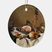 Nog steeds leven met ham, boeken en sierschepen keramisch ornament (Links)