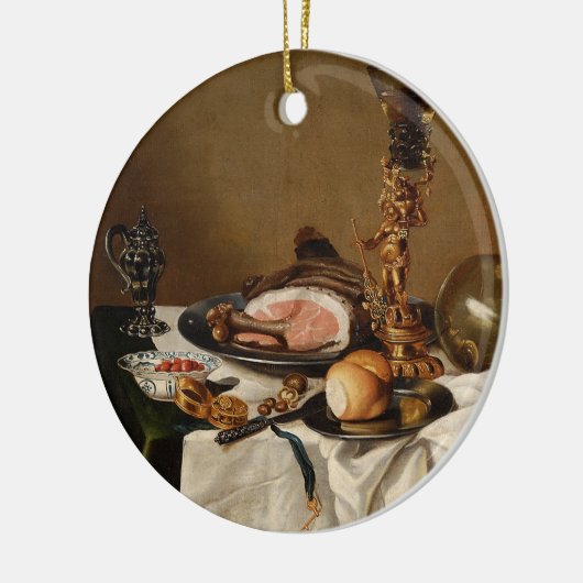 Nog steeds leven met ham, boeken en sierschepen keramisch ornament (Links)