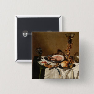 Nog steeds leven met ham, boeken en sierschepen vierkante button 5,1 cm