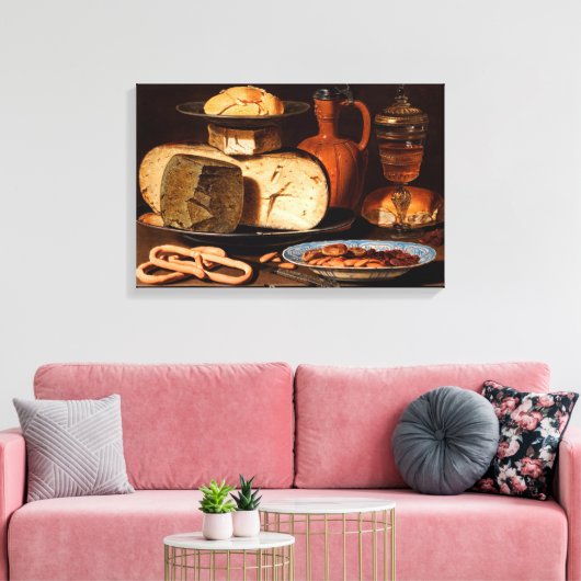 Nog steeds leven met kazen, amandelen en pretzels canvas afdruk (Insitu (Woonkamer))