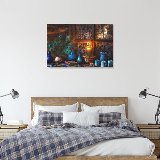  Nog steeds leven met Peacock Feathers Canvas Afdruk (Insitu (Slaapkamer))