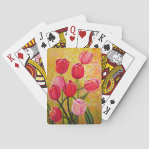 Nog steeds leven met roze en rode tulpen schildere pokerkaarten