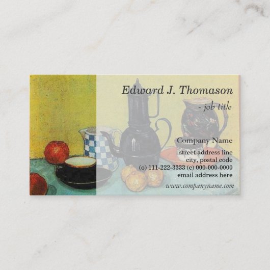 Nog steeds Life Blue Enamel Coffeepot, Earthenware Visitekaartje (Voorkant)